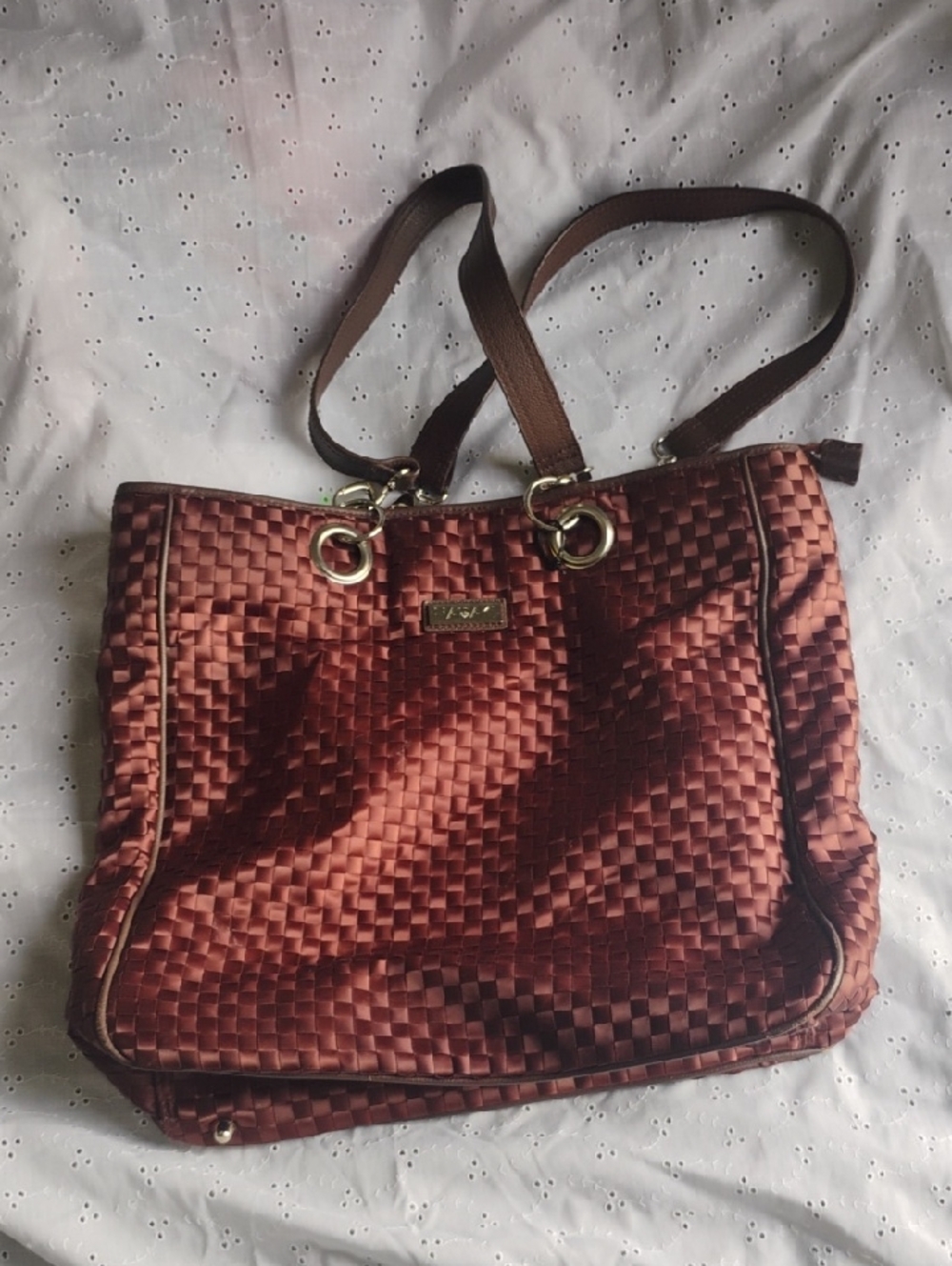 Woven-Texture Chocolate Brown Shoulder Tote with Gold Accents